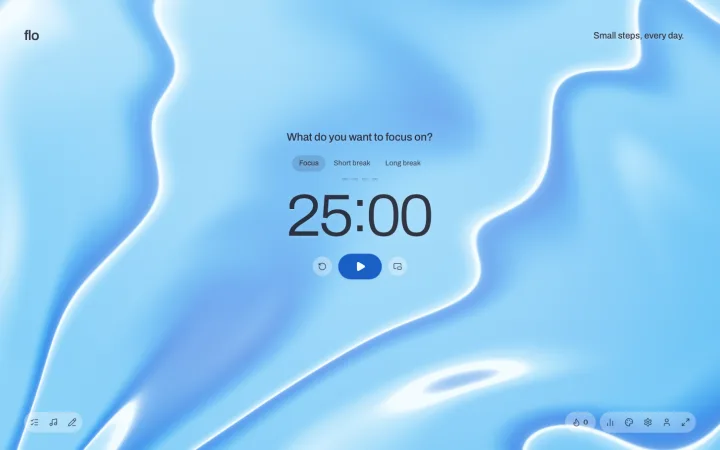 Het focusscherm van Flo: een aftellende timer op een rustige, bewegende blauwe achtergrond.